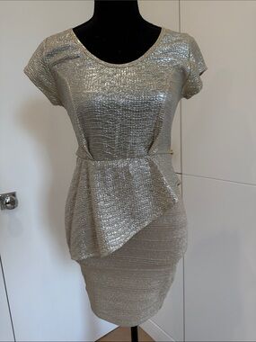 WOW couture Metallic Silver Asymmetrical Peplum Dress